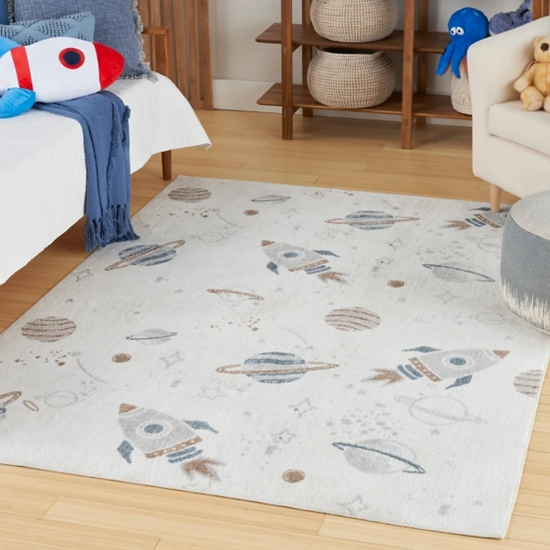 Ivory Rocketship Kids Washable Area Rug, 5x7