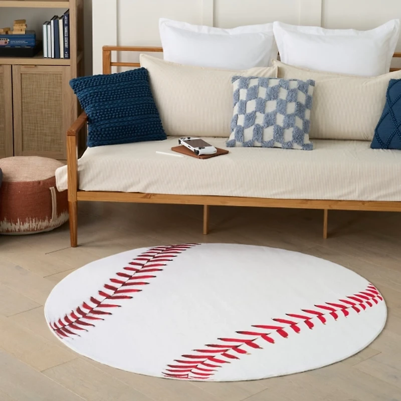 Round Baseball Kids Washable Area Rug