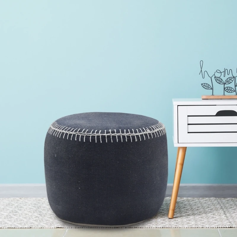 Navy Cotton Pouf with White Stitching