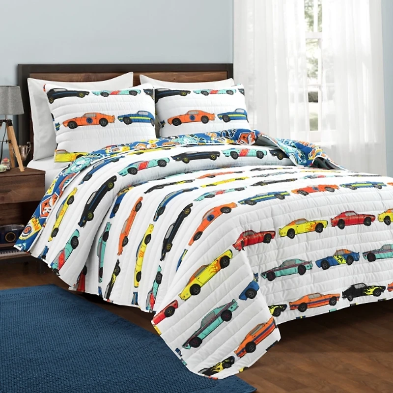 White Race Car Kids 2-pc. Twin Quilt Set