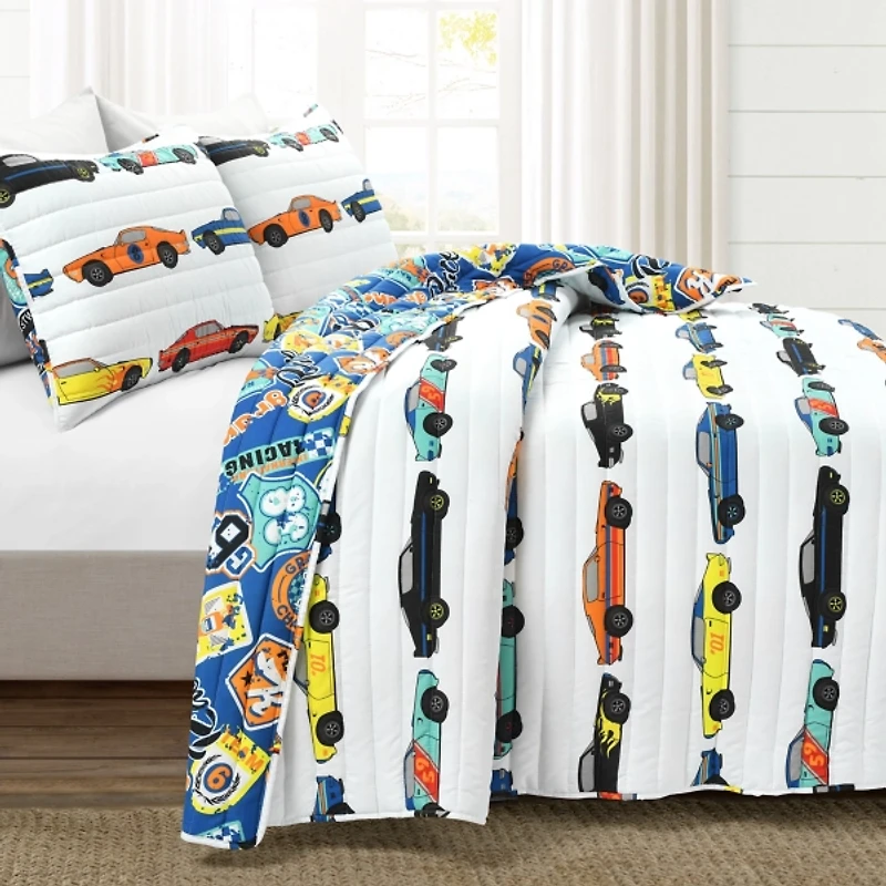 White Race Car Kids 3-pc. Full/Queen Quilt Set