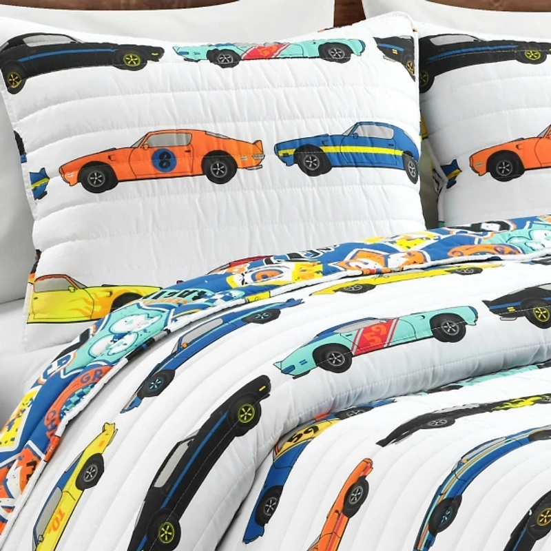 White Race Car Kids 3-pc. Full/Queen Quilt Set