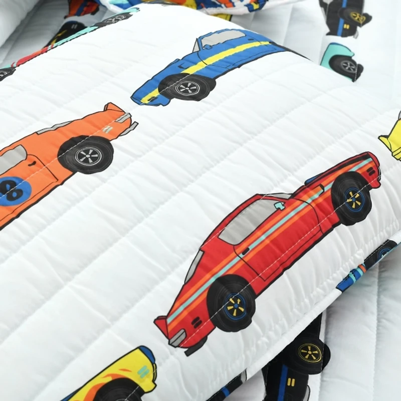 White Race Car Kids 3-pc. Full/Queen Quilt Set