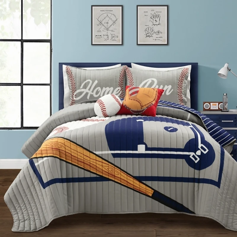 Gray and Blue Baseball 5-pc. Full/Queen Quilt Set