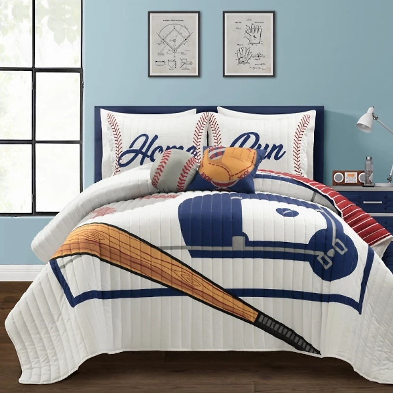 White & Red Baseball Full/Queen 5-pc. Quilt Set