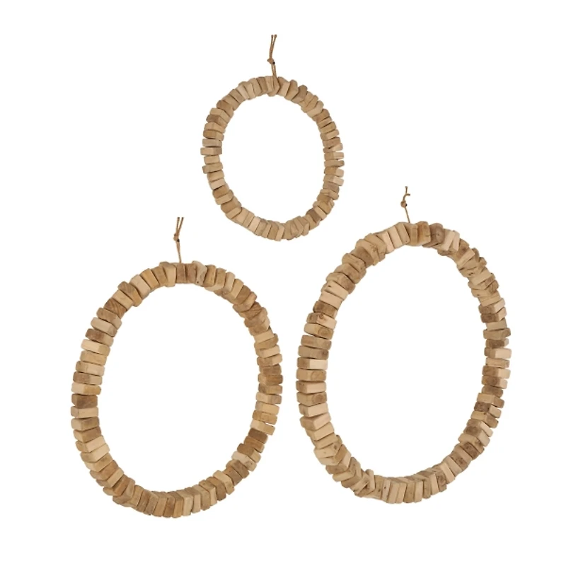 Natural Beaded Wood Round Wall Plaques, Set of 3