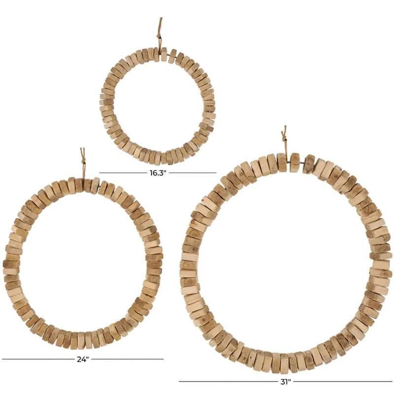 Natural Beaded Wood Round Wall Plaques, Set of 3