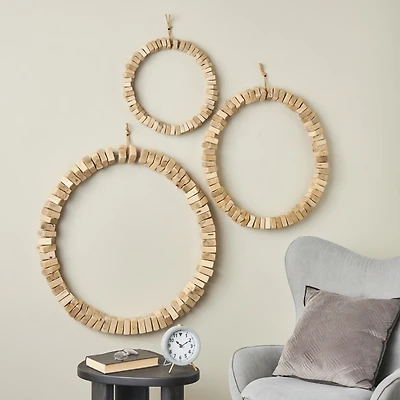 Natural Beaded Wood Round Wall Plaques, Set of 3