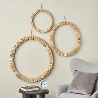 Natural Beaded Wood Round Wall Plaques, Set of 3