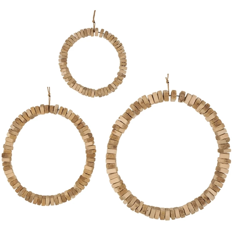 Natural Beaded Wood Round Wall Plaques, Set of 3