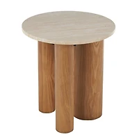 Brown Wood and Beige Marble Top Round Accent Table