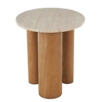 Brown Wood and Beige Marble Top Round Accent Table