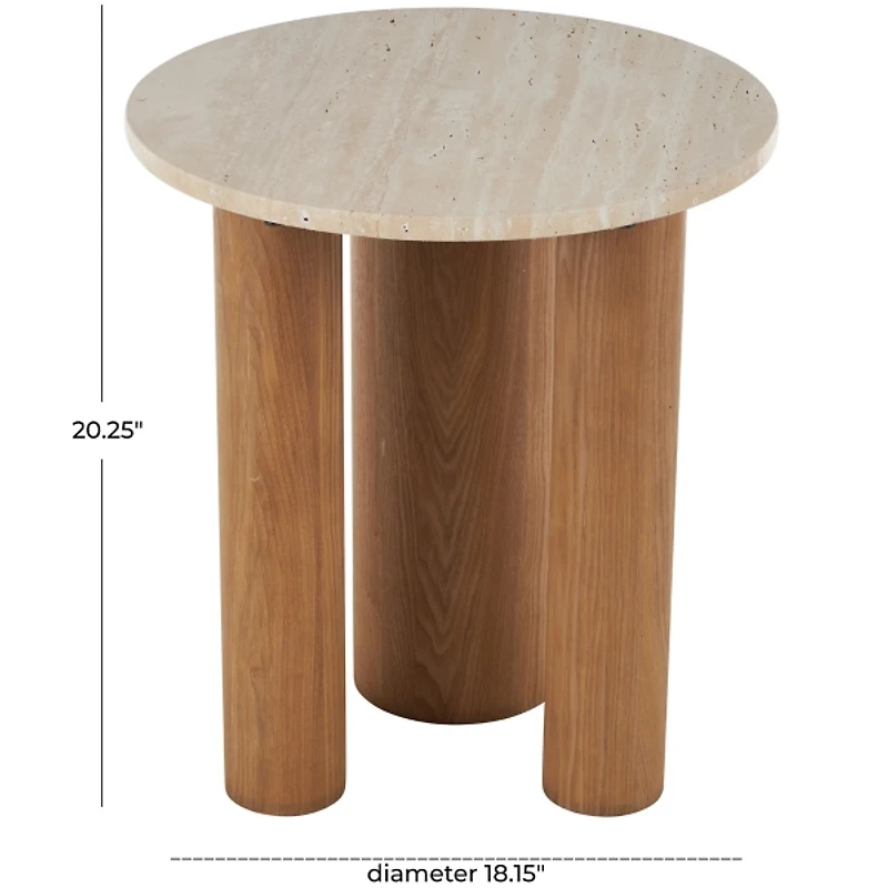 Brown Wood and Beige Marble Top Round Accent Table