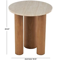 Brown Wood and Beige Marble Top Round Accent Table