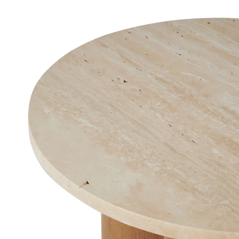 Brown Wood and Beige Marble Top Round Accent Table
