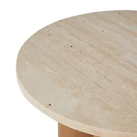 Brown Wood and Beige Marble Top Round Accent Table
