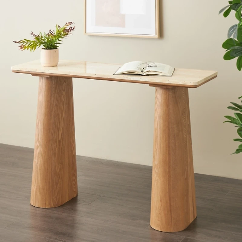 Beige Marble and Wood Console Table