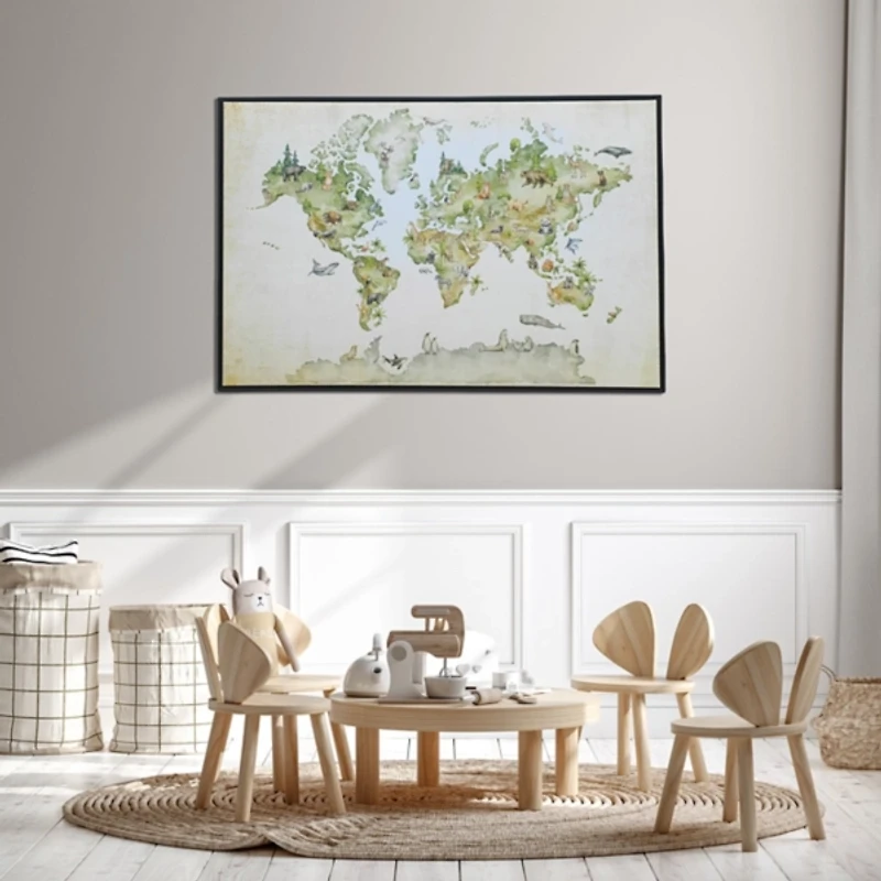 Animal World Map Kids Framed Canvas Art Print