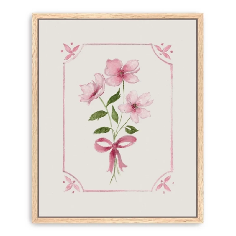 Pink Roses and Bow Framed Canvas Art Print