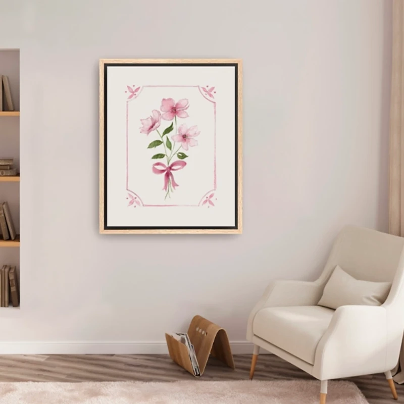 Pink Roses and Bow Framed Canvas Art Print, 26x32