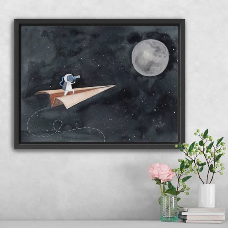 Paper Airplane to the Moon Framed Canvas Art Print