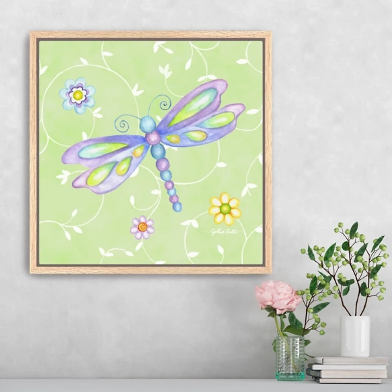 Green Whimsical Dragonfly Framed Canvas Art Print