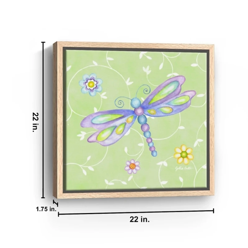 Green Whimsical Dragonfly Framed Canvas Art Print
