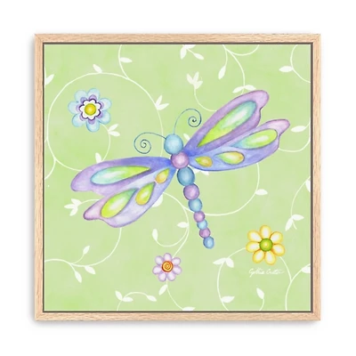 Green Whimsical Dragonfly Framed Canvas Art Print