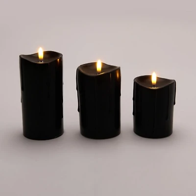 LED Black Drip Pillar Candles, Set of 3
