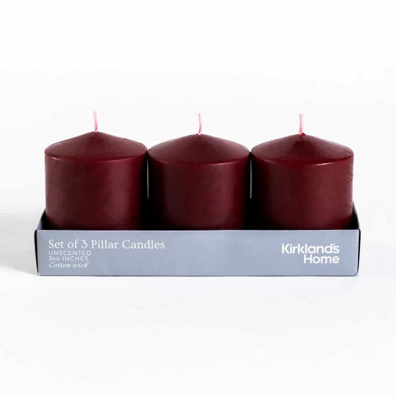 3x4 Burgundy Unscented Pillar Candles, Set of 3