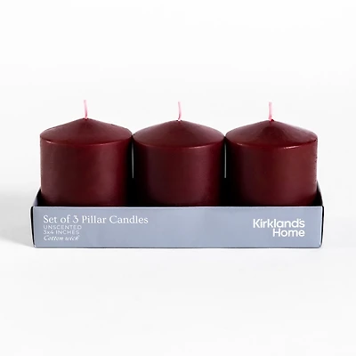 3x4 Burgundy Unscented Pillar Candles, Set of 3