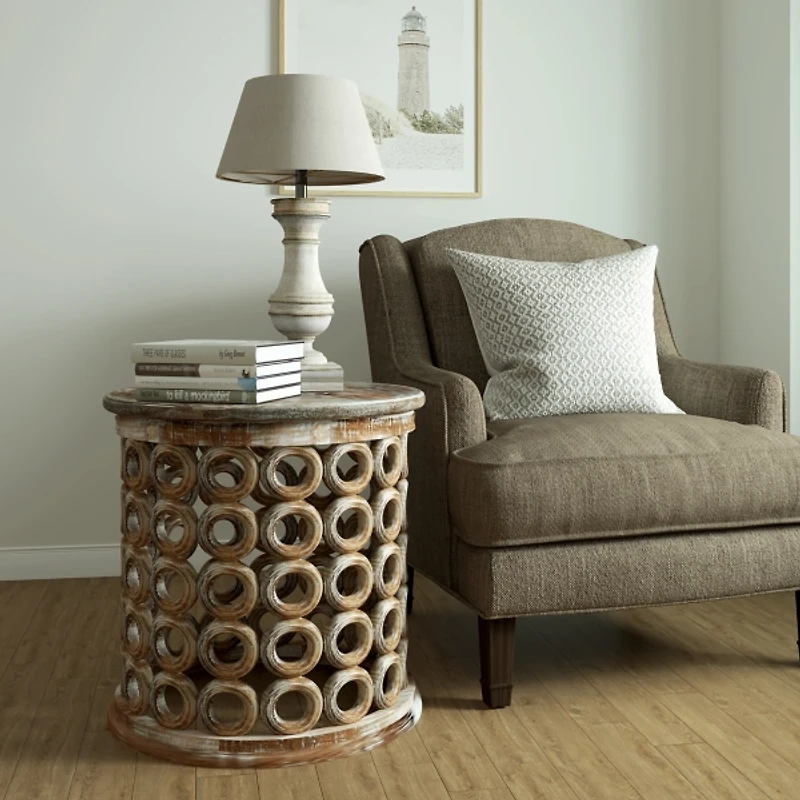 Brown Whitewashed Lattice Drum Accent Table