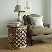 Brown Whitewashed Lattice Drum Accent Table
