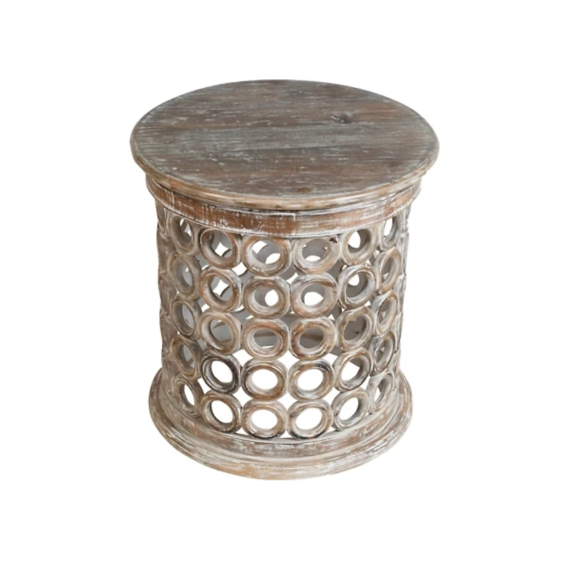 Brown Whitewashed Lattice Drum Accent Table