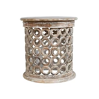 Brown Whitewashed Lattice Drum Accent Table