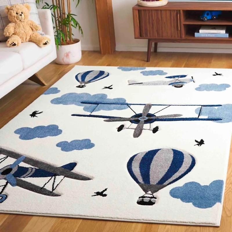 Blue Hot Air Balloons & Planes Kids Area Rug