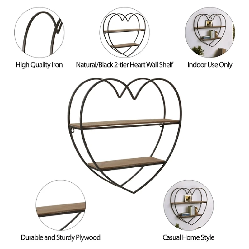 Black & Natural Heart 2-Tier Wall Shelf