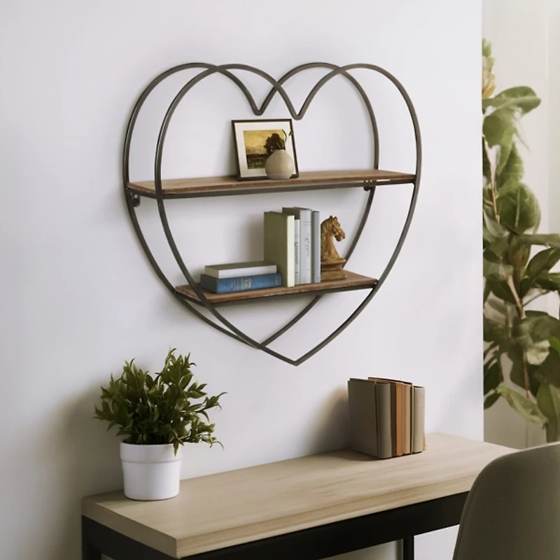 Black & Natural Heart 2-Tier Wall Shelf