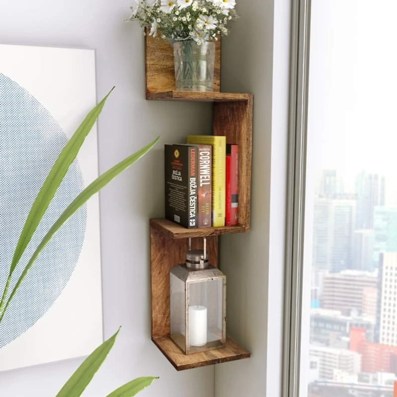Brown Mango Wood Zig Zag Corner Wall Shelf