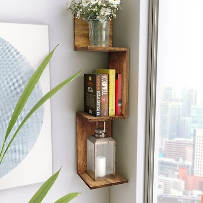 Brown Mango Wood Zig Zag Corner Wall Shelf
