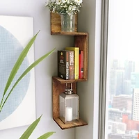 Brown Mango Wood Zig Zag Corner Wall Shelf