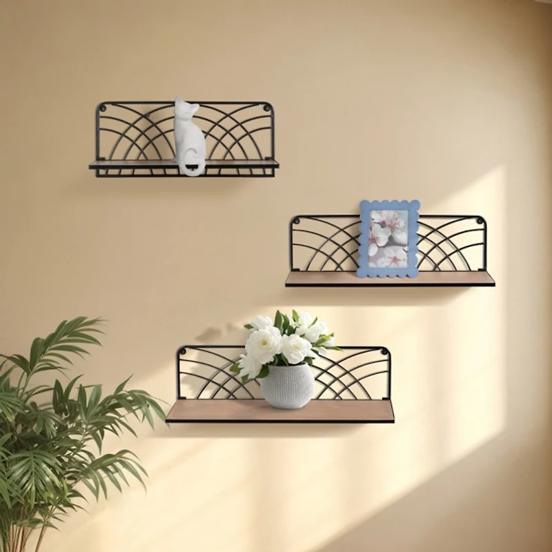 Black and Natural Floating Shelves, Set of 3