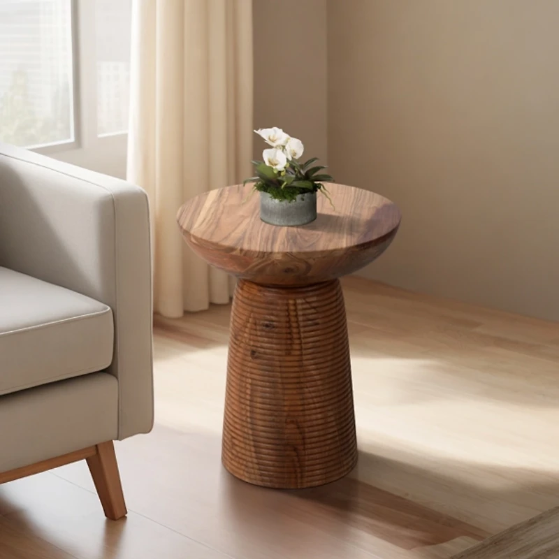 Brown Wood Grooved Base Accent Table