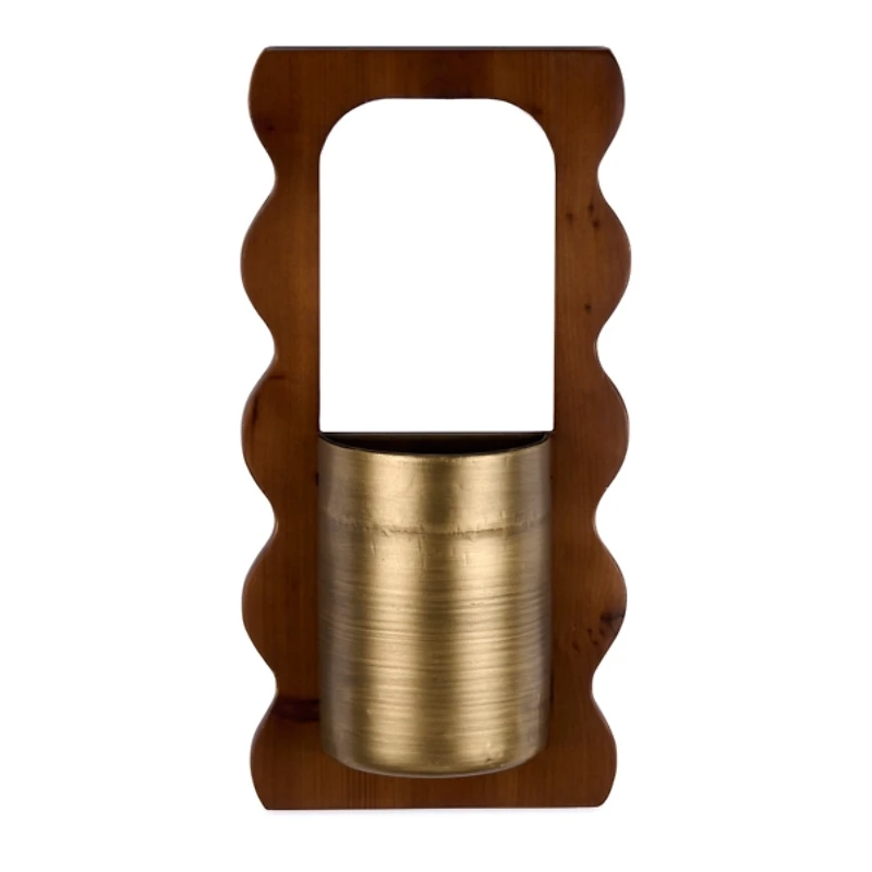Scalloped Wood and Antique Brass Wall Pocket