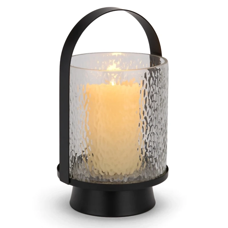 Black Metal & Hammered Glass Lantern, 13 in.