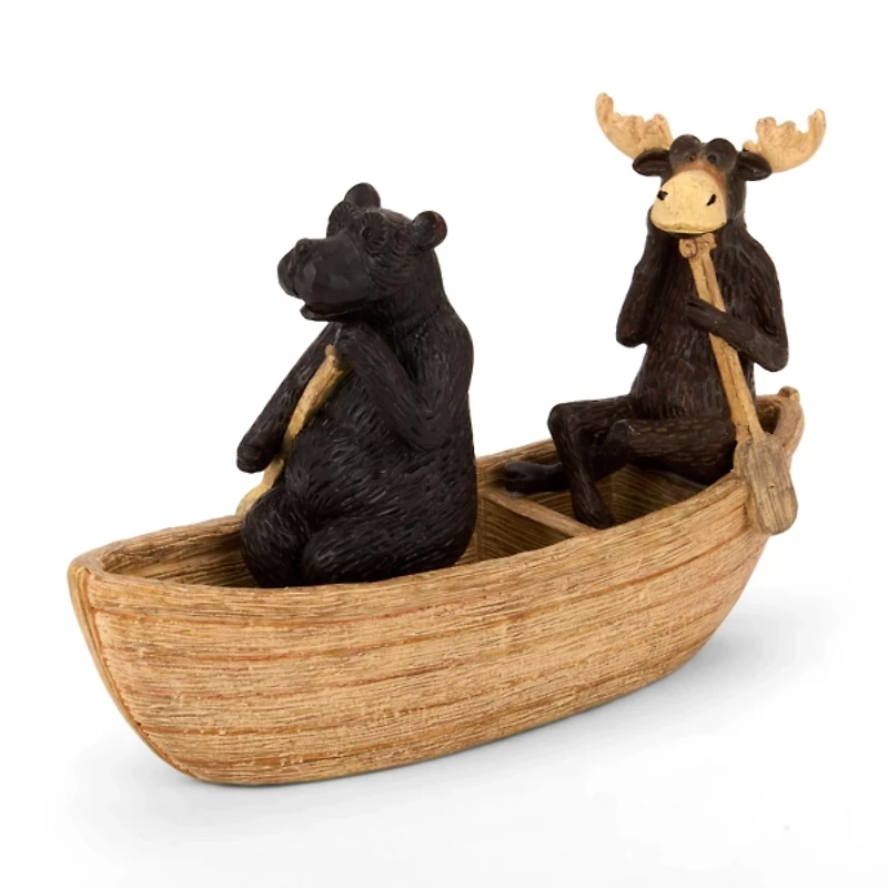 Moose and Bear in Canoe Figurine