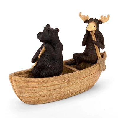 Moose and Bear in Canoe Figurine