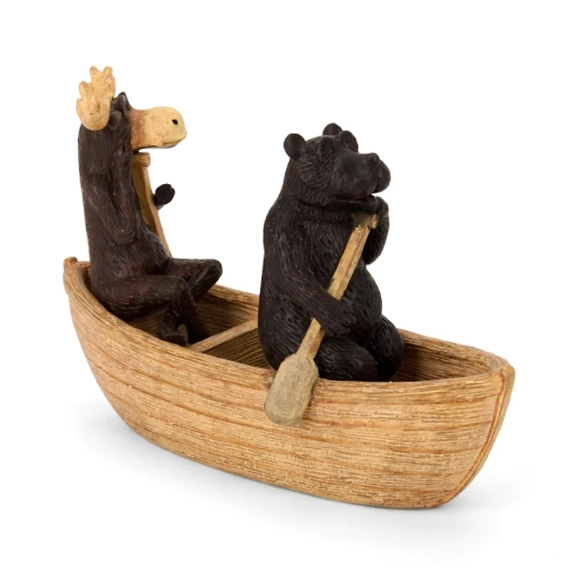 Moose and Bear in Canoe Figurine