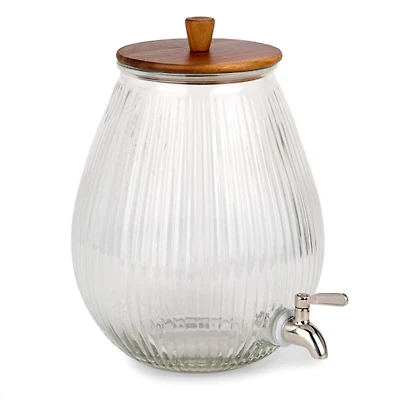 Acacia Wood and Ribbed Glass Drink Dispenser