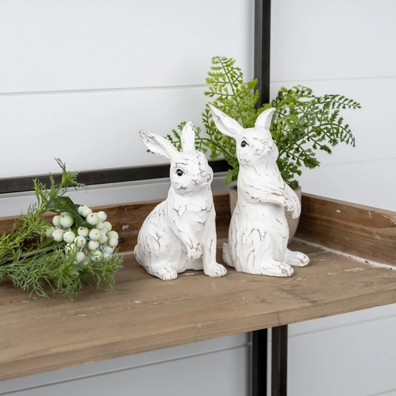 White Carved Bunny Figurines, Set of 2